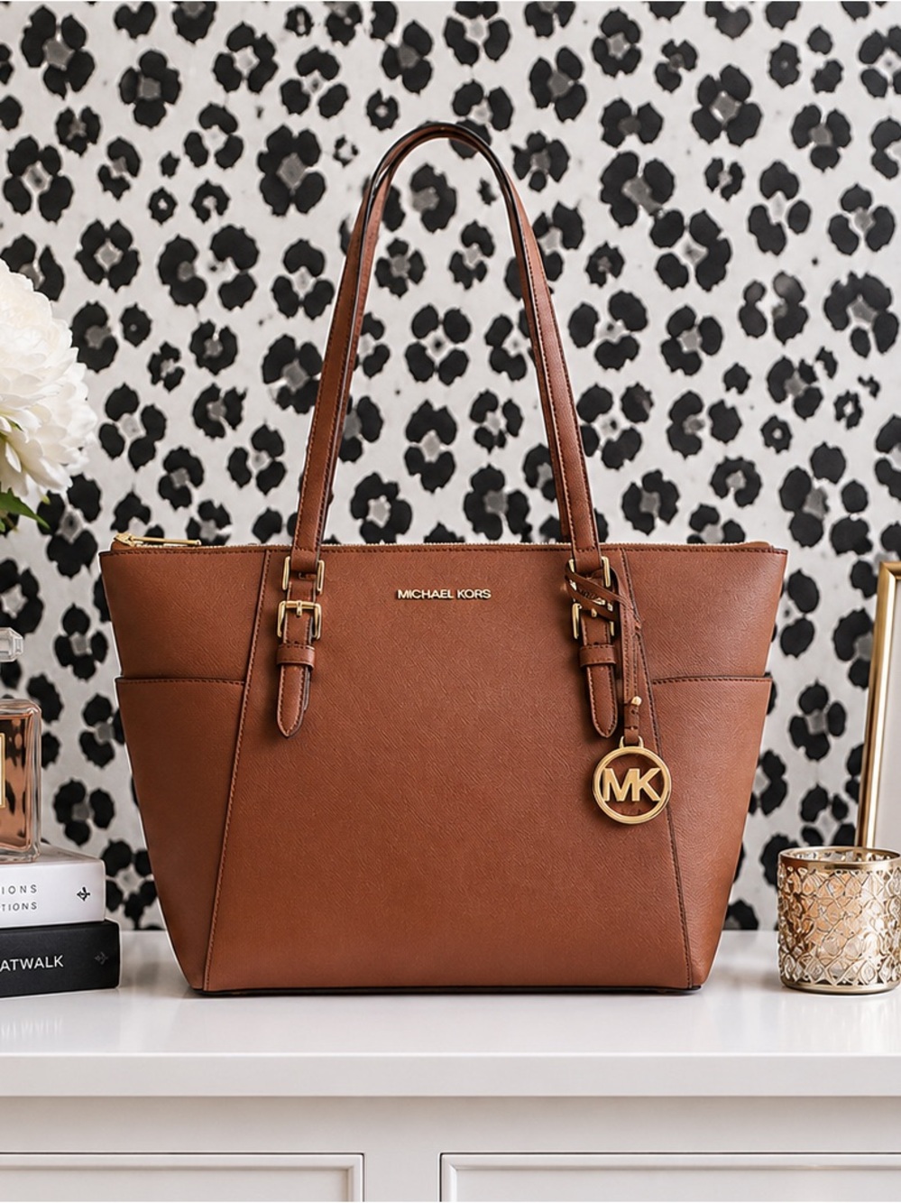 Michael Kors Charlotte Cognac Tote with Gold MK Charm